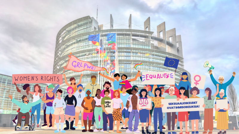 Kuvassa Euroopan parlamenttitalo ja edessä piirroshahmoja, joiden kylteissä nostetaan esiin tasa-arvoa, naisten oikeuksiam seksuaalioikeuksia ja ihmisoikeuksia