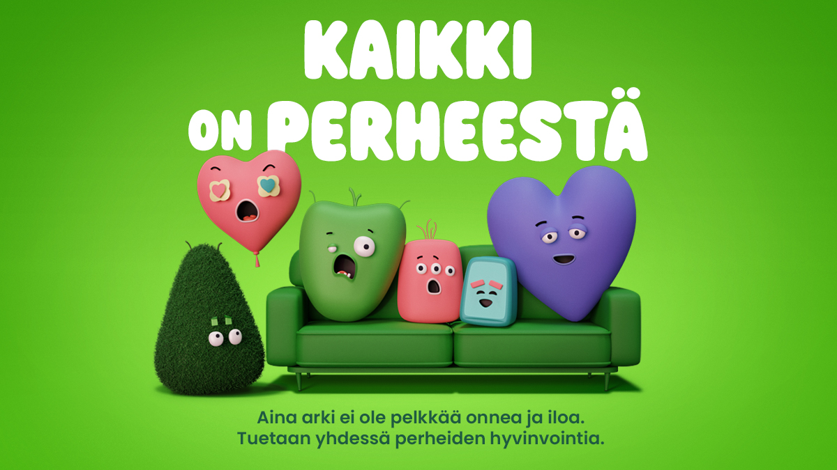 Kaikki on on perheestä -hahmot sohvalla.