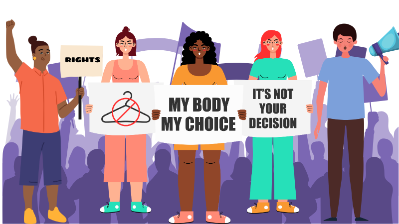 Kuvassa piirrettyjä ihmisiä osoittamassa mieltä. Kylteissä lukee esim. Rights, My body my choice